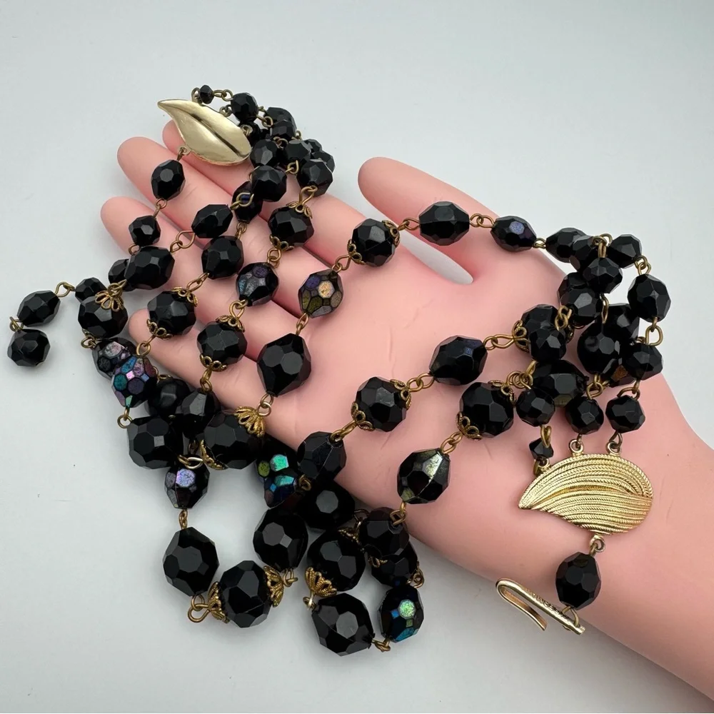 Vintage West Germany Multi-Strand Black Faceted Bead Necklace | Signed